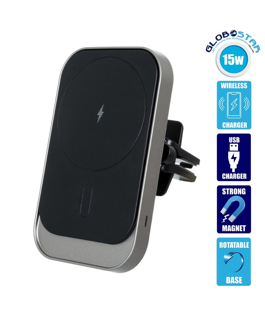 GloboStar® 79695 Μαγνητική Βάση Κινητού Αυτοκινήτου Max 15W USB σε USB Type-C με Κλιπ στον Αεραγωγό - Ασύρματη Φόρτιση MagSafe QuickCharge 3.0